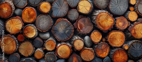 A pile of Wood logs stacked in a circular pattern, creating a natural material art installation. This event showcases the beauty of logging and the versatility of Wood as a plantbased material photo