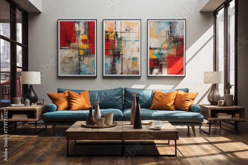 Image depicting a modern living room with large paintings above a leather sofa. Modern and stylish interior design, front image, canvas photo