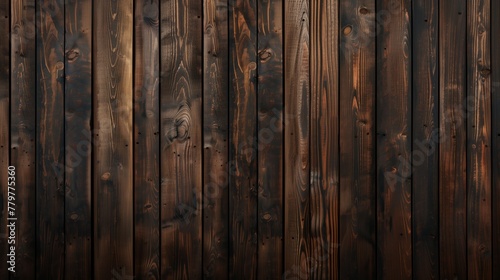 Close-up of vertical dark stained wooden planks with visible grain and knots.