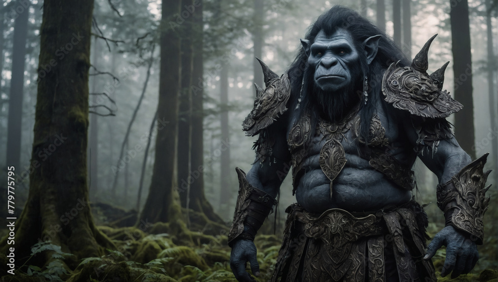 In the depths of a mist-covered forest stands a cryptic grandiose troll, towering and imposing.