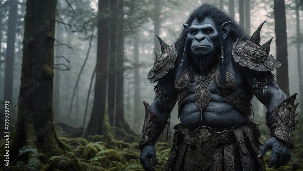 In the depths of a mist-covered forest stands a cryptic grandiose troll, towering and imposing. In the depths of a mist-covered forest stands a cryptic grandiose troll, towering and imposing.