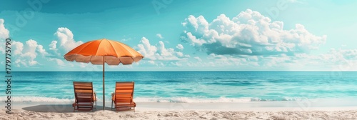 Peaceful beach scene with two sun loungers under an orange umbrella