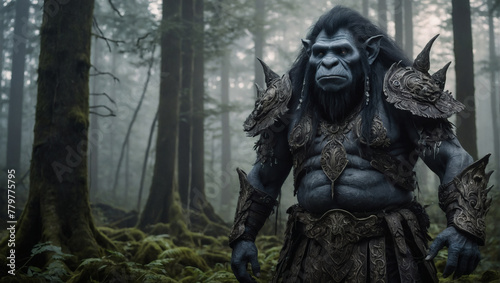 In the depths of a mist-covered forest stands a cryptic grandiose troll, towering and imposing.
