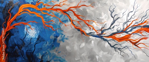 Tangerine tendrils dancing over a canvas painted in gradients of royal blue and steel gray.