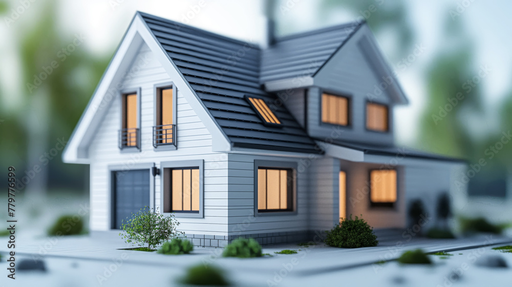 Miniature modern house with glowing windows in soft focus green setting. This model showcases contemporary design with attention to lighting and environment