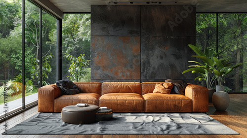 A living room with a large brown couch and a potted plant photo