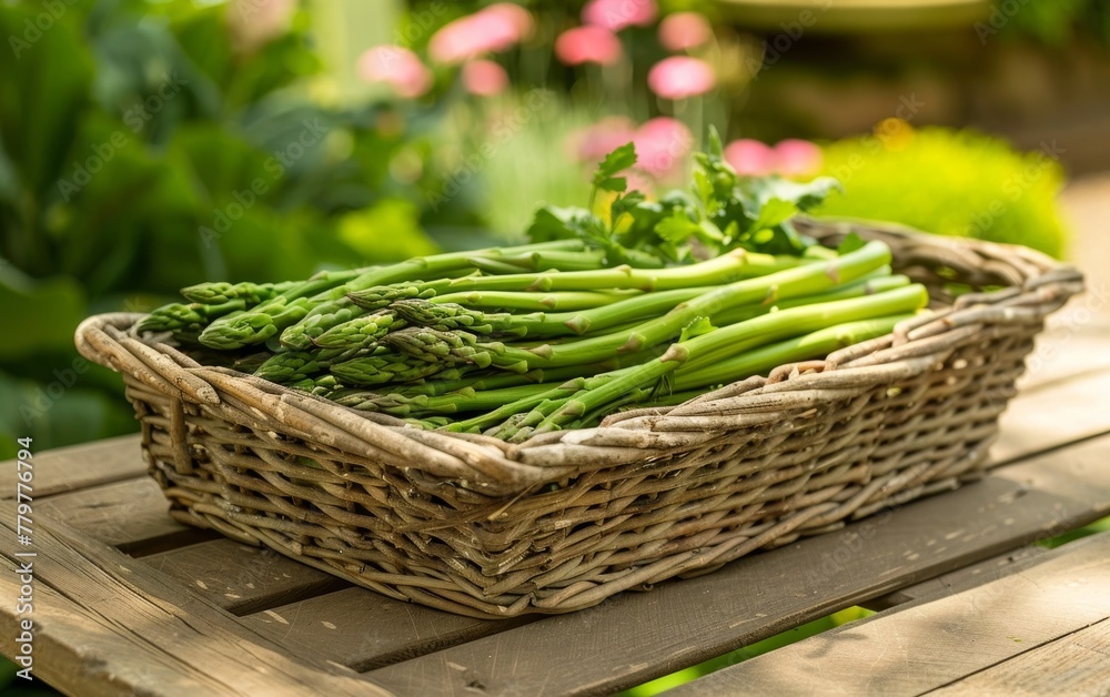 A wicker basket overflows with an abundant harvest of freshly picked, vibrant green asparagus spears, nestled on a natural cloth backdrop against a lush, verdant garden setting. A wicker basket overflows with an abundant harvest of freshly picked, vibrant green asparagus spears, nestled on a natural cloth backdrop against a lush, verdant garden setting.