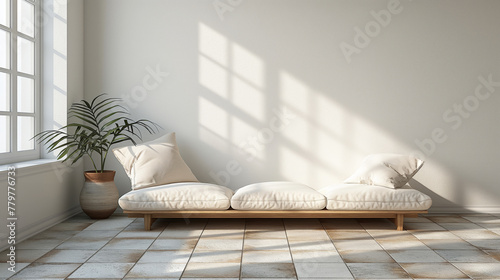 Minimalist lounge area with cushioned bench and potted plant, sunlit by window casting sharp shadows. Space exudes simplicity and peaceful, modern aesthetic