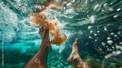 Underwater scene with a jellyfish near human legs and sunlit water