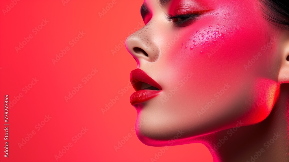 Close-up of a woman's face with dramatic red makeup and water droplets Close-up of a woman's face with dramatic red makeup and water droplets