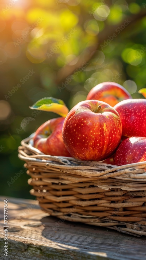 Sunlight dances through leaves to spotlight a wicker basket laden with perfect, dew-kissed apples, evoking a sense of morning harvest.