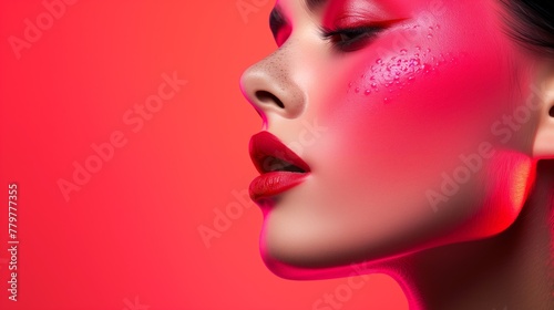 Close-up of a woman's face with dramatic red makeup and water droplets photo
