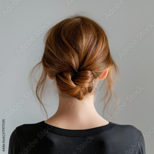 This photo shows a rear view of a person with their hair tied.