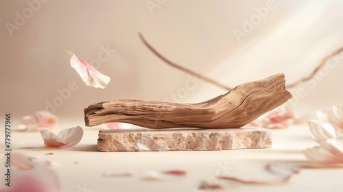 Serene composition with driftwood and floating petals in a gentle tableau photo
