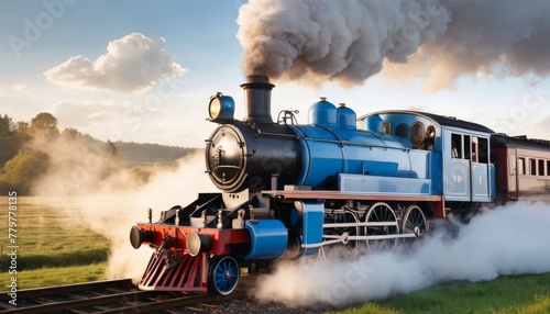 A vibrant blue vintage steam locomotive powers through the countryside, steam billowing against a scenic backdrop. AI generation