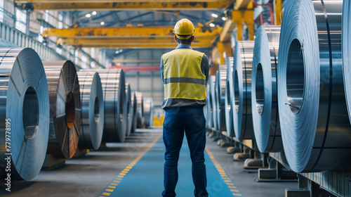 Sete bobinas de aço para venda enfileirados em um fundo azul de carpete e detlahes arquitetonicos sutis, em prateleiras, ao lado direito um homem, de capacete de segurança industrial amarelo