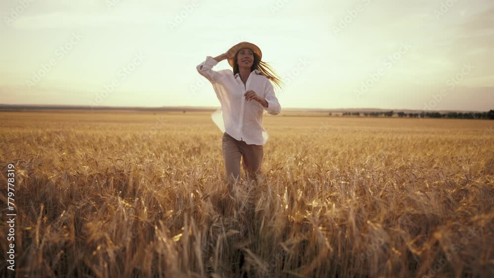 Romantic carefree happy woman running on yellow wheat field with spreading flying arms enjoying freedom calmness on rural nature during vacations holidays. Rest, activity in country, peace at sunset. Romantic carefree happy woman running on yellow wheat field with spreading flying arms enjoying freedom calmness on rural nature during vacations holidays. Rest, activity in country, peace at sunset.