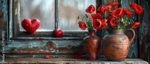 Provence style. Two hearts in clay jug and red poppies on wooden planks. photo