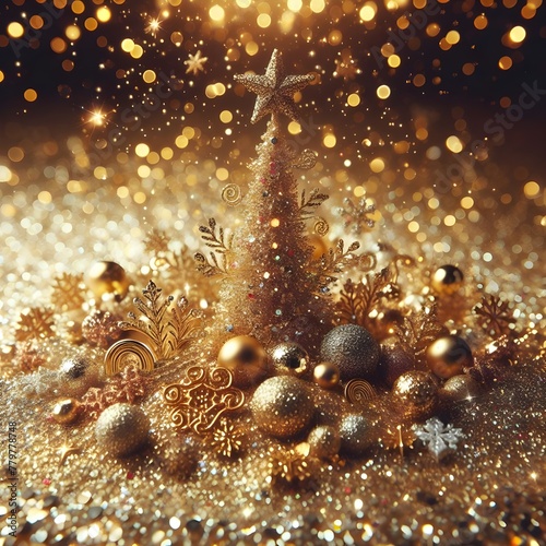 Golden festive tree with stars, balls and sparkles