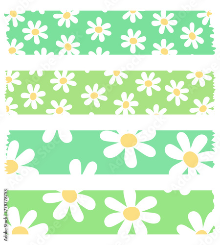 Set of colorful washi tapes with flowers isolated on white. Washi tapes collection in vector. Pieces of decorative tape for scrapbooks. Green torn paper. Pattern with daisies