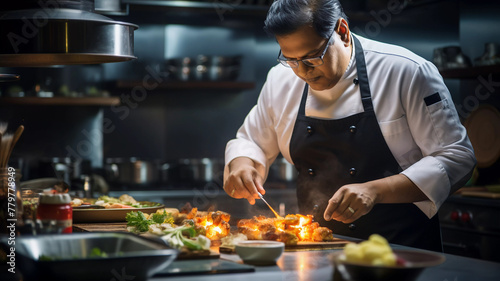 Executive chef preparing dish in kitchen  culinary and hotel management jobs