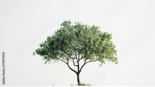 A tree stands alone in a field of white