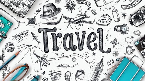 Hand-drawn travel themed illustration with doodle icons and elements.