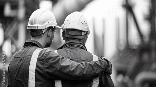 Black and white engineers in a supportive hug illustrating the power of unity in overcoming construction challenges © Sara_P