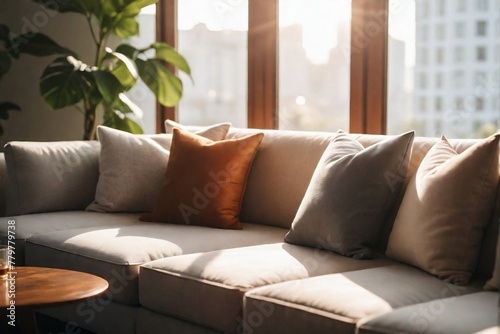 Relaxing at home during the holiday concept. Close-up of a comfortable sofa with pillows in a cozy living room with sunlight in the morning. Relaxed, warm, and happy feeling.