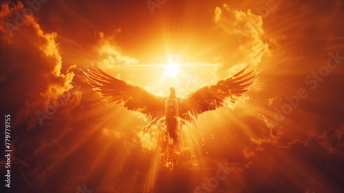 Stylized phoenix in flight against a fiery orange sky and radiant sun