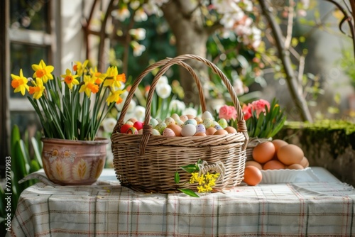 Easter basket with eggs and daffodils on table in natural light setting