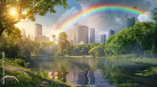 Wallpaper Mural Urban park with skyline and rainbow over water and a white fox Torontodigital.ca