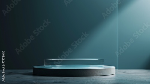 Minimalist modern circular pedestal in a room with atmospheric lighting