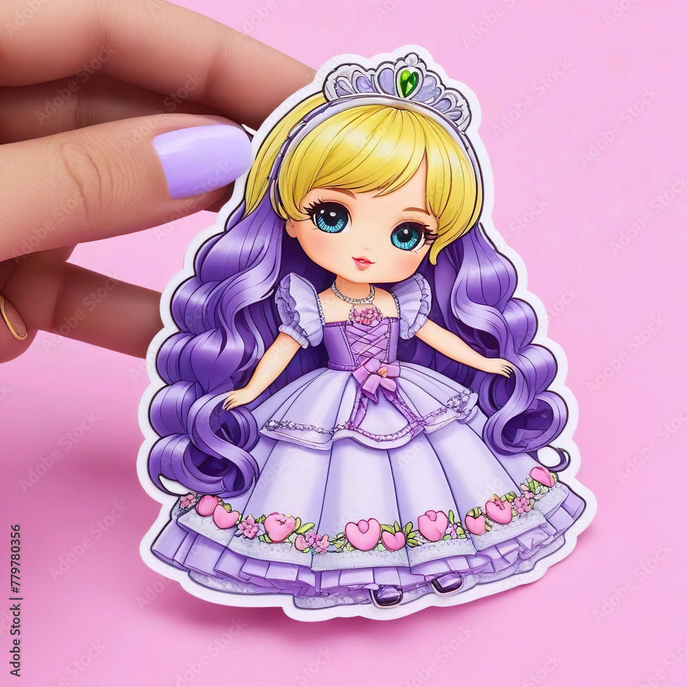 Pegatina diseño 3d muñeca con un vestido morado y una diadema en la cabeza Pegatina diseño 3d muñeca con un vestido morado y una diadema en la cabeza