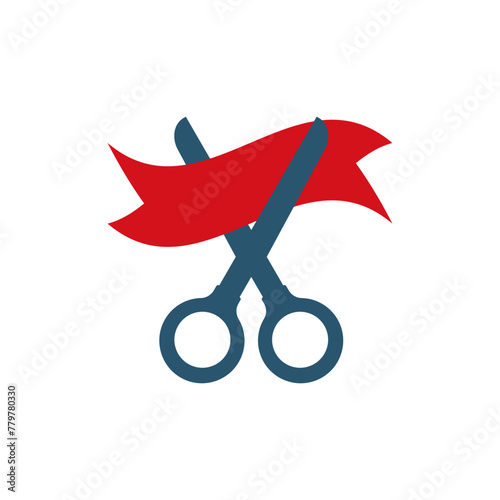 Scissors cutting ribbon. Shears cut a red tape. Colored vector illustration.