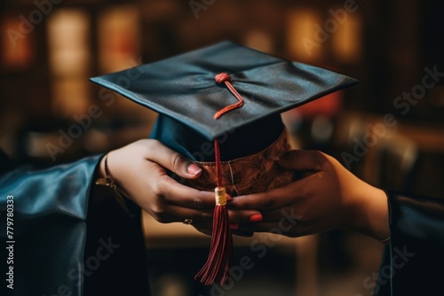 Graduate holding graduation cap, contemplating future prospects with hope and anticipation photo