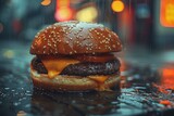 A tantalizing cheeseburger with glistening rain-drenched backdrop creating a moody urban atmosphere