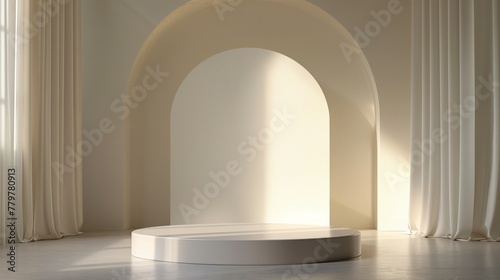 Minimalist interior with round pedestal in arched alcove and curtains photo