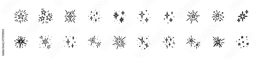 Doodle star icon set. Sparkle glitter vector elements. Merry Christmas and happy New year decorations, confetti, firework. Shiny blink, sparkle lights, bling, twinkle crayon drawing Doodle star icon set. Sparkle glitter vector elements. Merry Christmas and happy New year decorations, confetti, firework. Shiny blink, sparkle lights, bling, twinkle crayon drawing