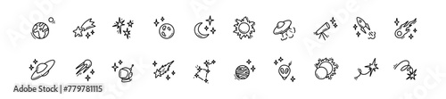Doodle outer space cosmic icons set. Planets, constellation, spacecraft, rocket hand drawn linear illustration. Falling stars and comets. Alien ship. Astronomy science and astrology concept.