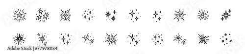 Doodle star icon set. Sparkle glitter vector elements. Merry Christmas and happy New year decorations, confetti, firework. Shiny blink, sparkle lights, bling, twinkle crayon drawing