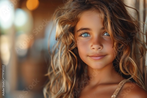 A captivating young girl with curly hair and striking blue eyes stares with a warm, innocent gaze