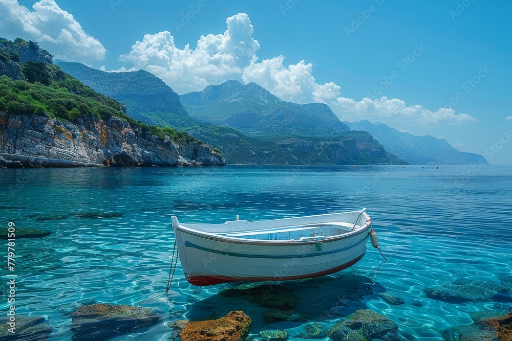 A tranquil sea scene with a small white boat in crystal clear waters, backed by the majesty of sprawling rocky mountains and a clear blue sky