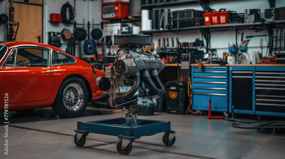 Car engine on a stand in a workshop ready for overhauling.