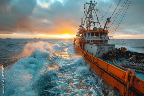 A fishing boat braves the rough sea waves under an orange sunset, showcasing the harshness and beauty of the sea