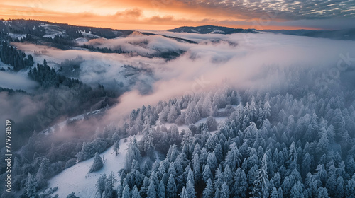 Drone photo of a foggy valley in Washington in winter