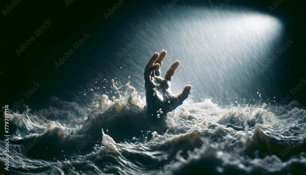 Hand Reaching Out From Turbulent Waves