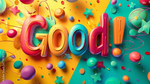 Colorful 3D text 'Good!' with festive abstract shapes on yellow-teal background