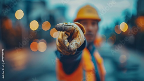 Construction engineers pointed gesture symbolizing critical feedback and directions for on site workers photo