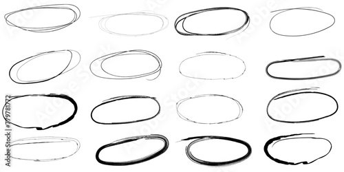 Set of hand drawn circle highlight. Round frame pen marker, sribble doodle graphic element. Vector illustration